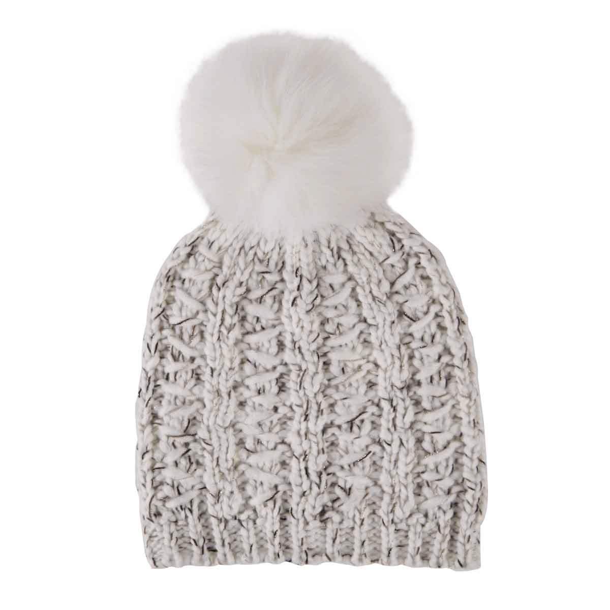 Lds Chunky Lurex Fur Pom ivory hat