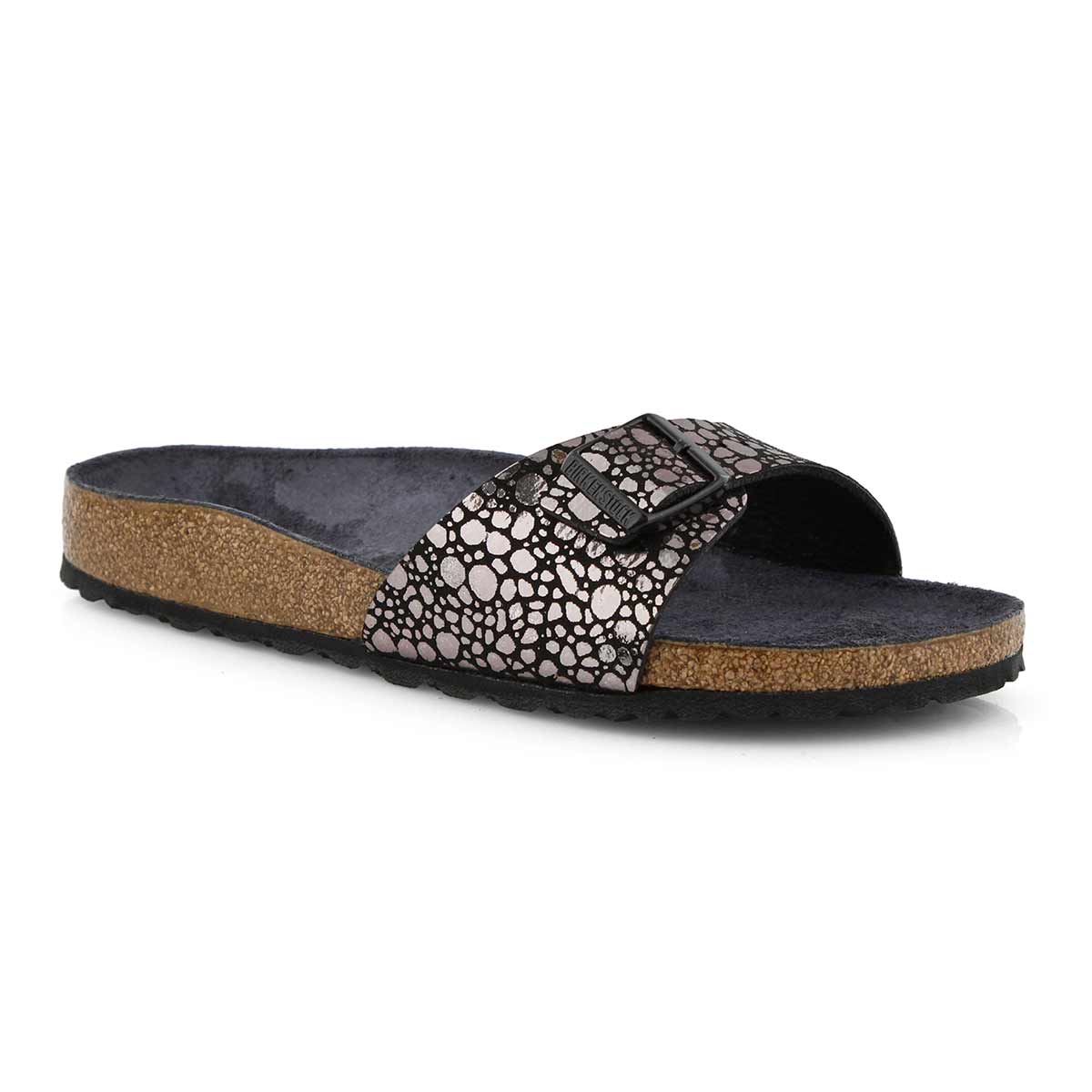 Lds Madrid BF mtlc blk 1 strap sandal- N