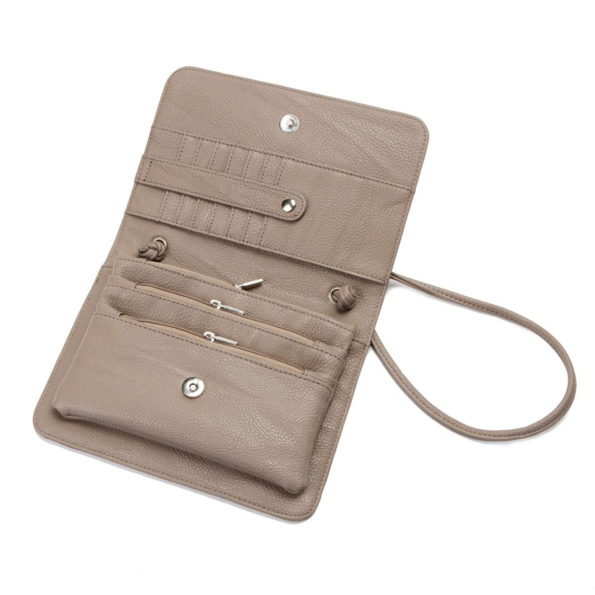 Lds taupe frnt flap cross body organizer