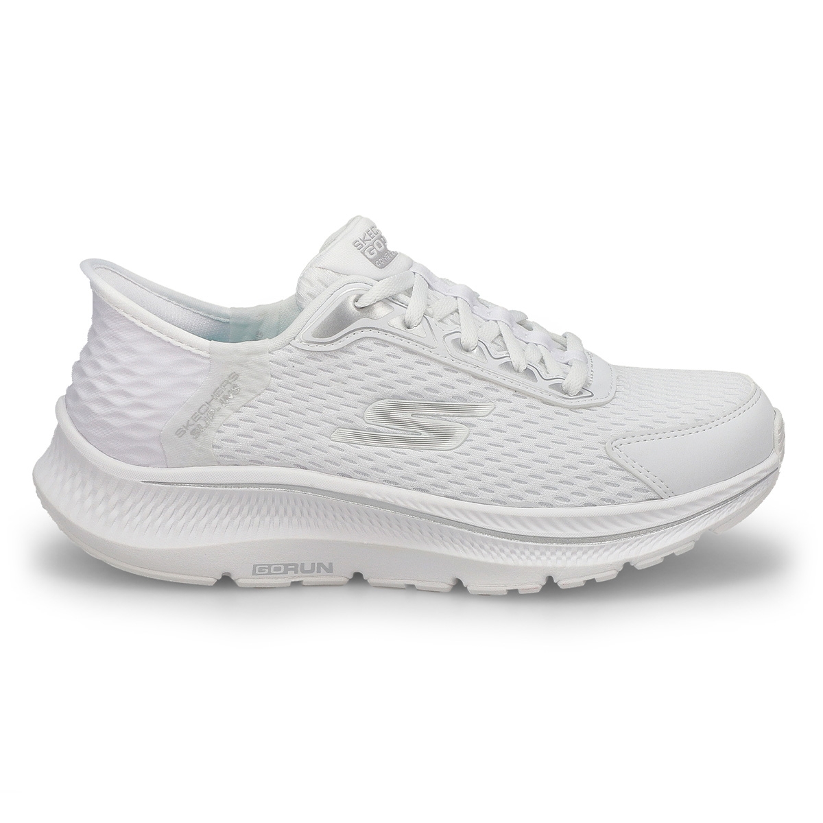 Womens  Go Run Consistent 2.0 Slip-Ins Mesh Lace Up Sneaker - White/Silver