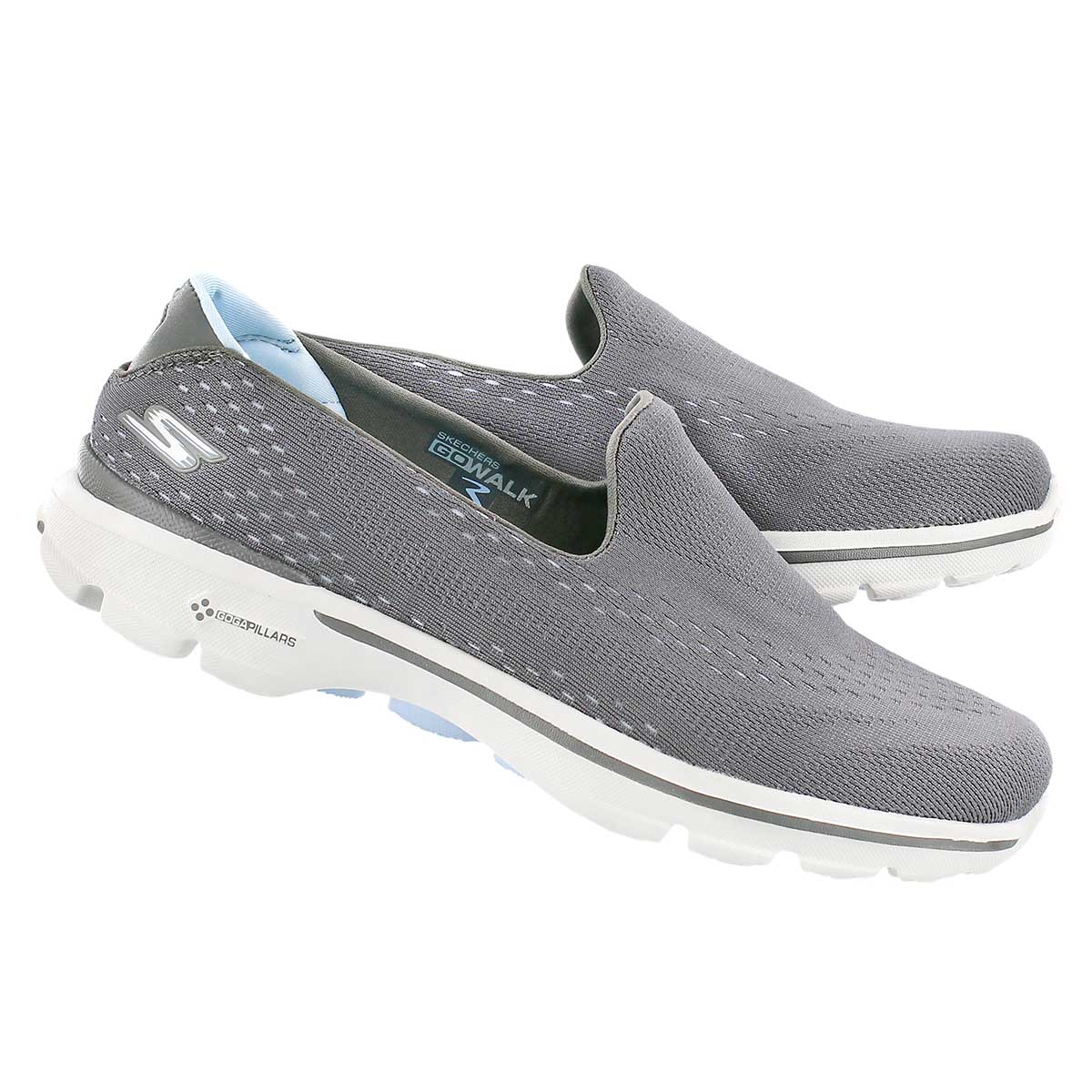 Lds GOwalk 3 gry/blu slipon walking shoe