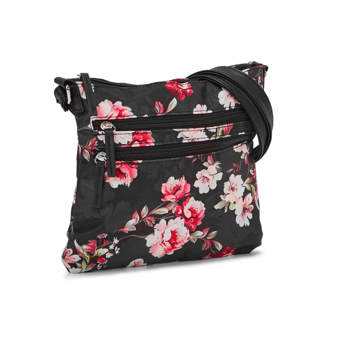 Lds black/pink flower cross body bag