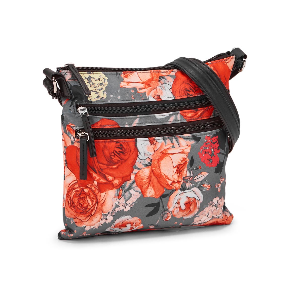 Lds grey/orng flower cross body bag