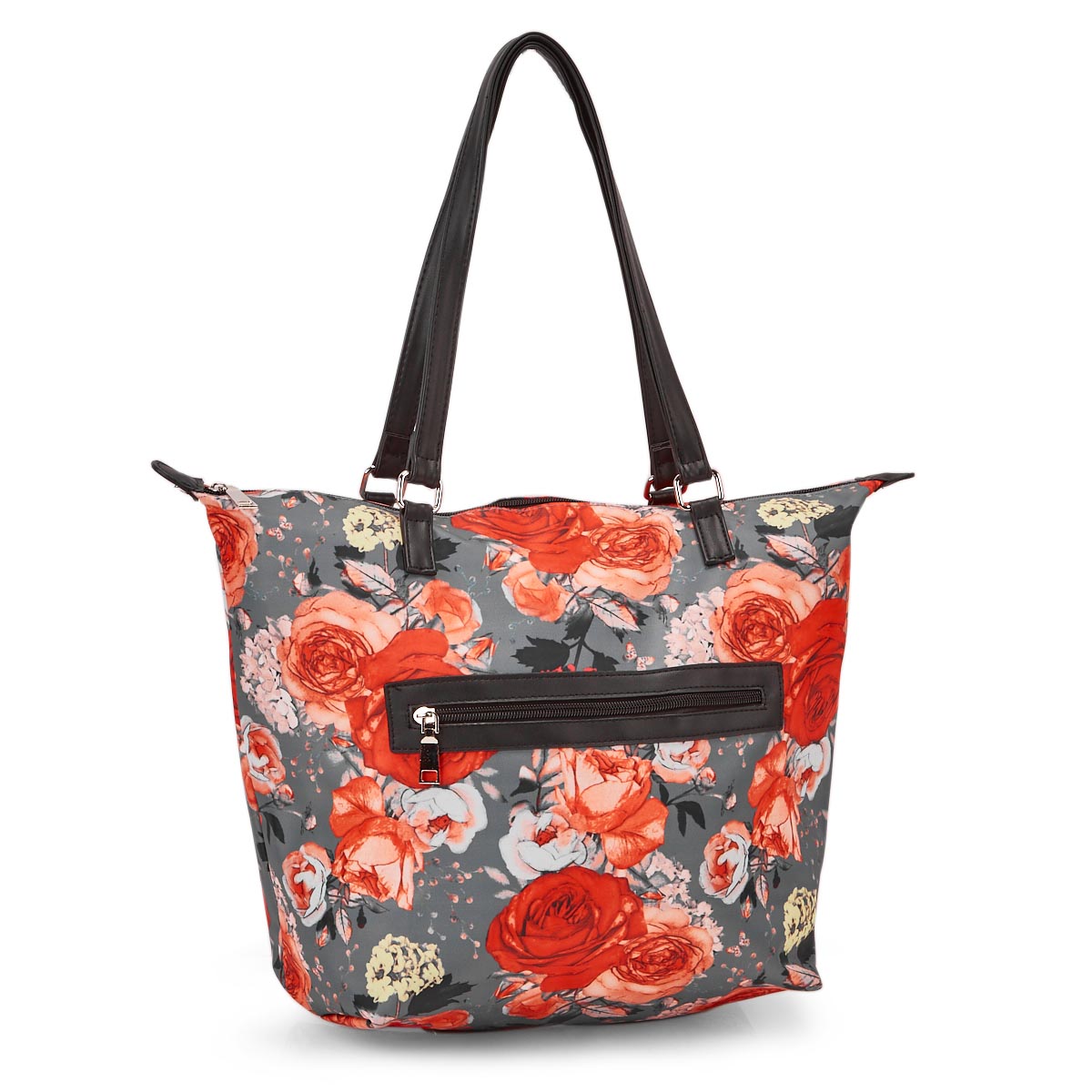 Lds grey/orng flower tote hand bag
