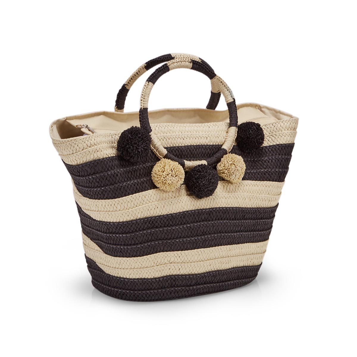 Lds black/white straw tote hand bag