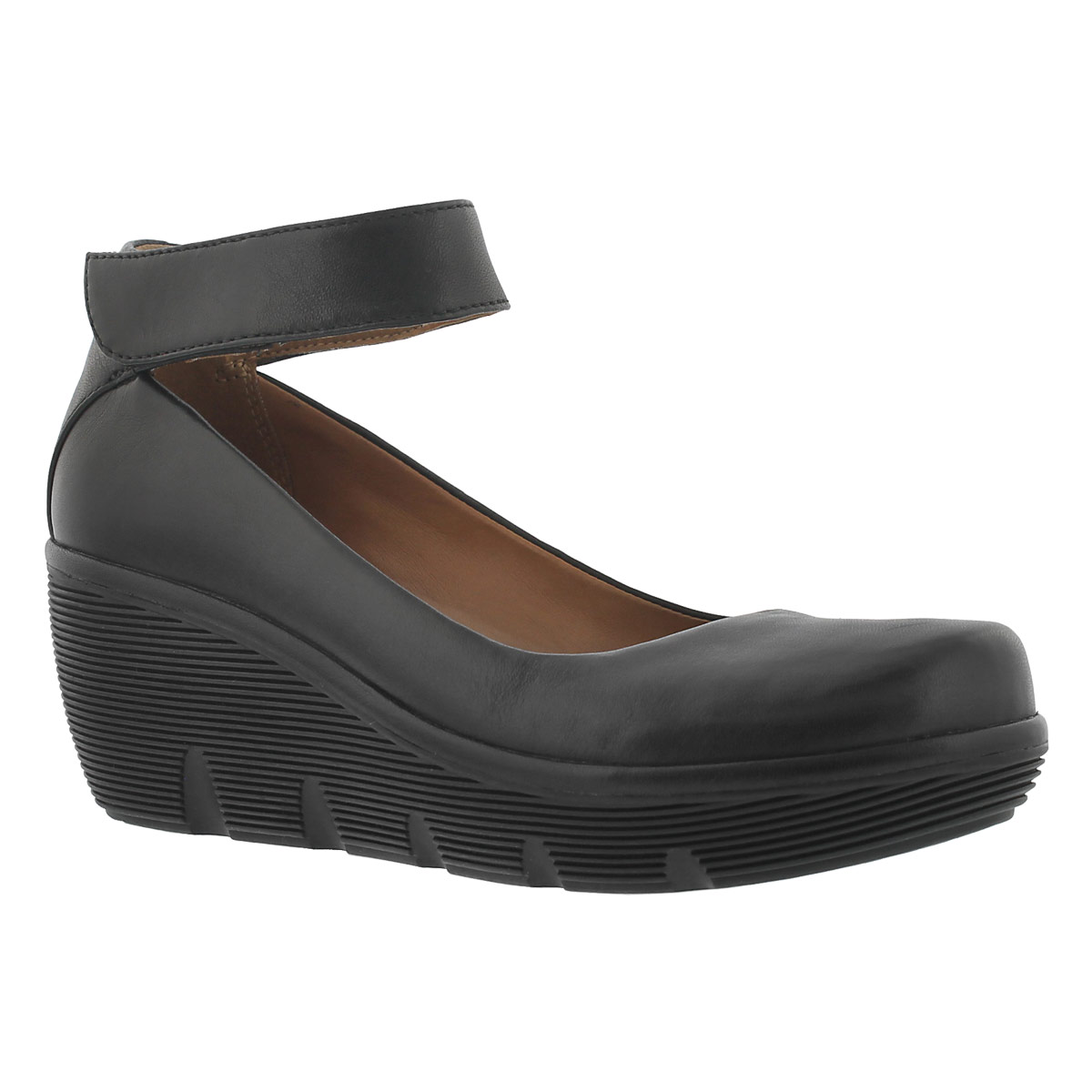 Lds Clarene Tide blk ankle strap wedge