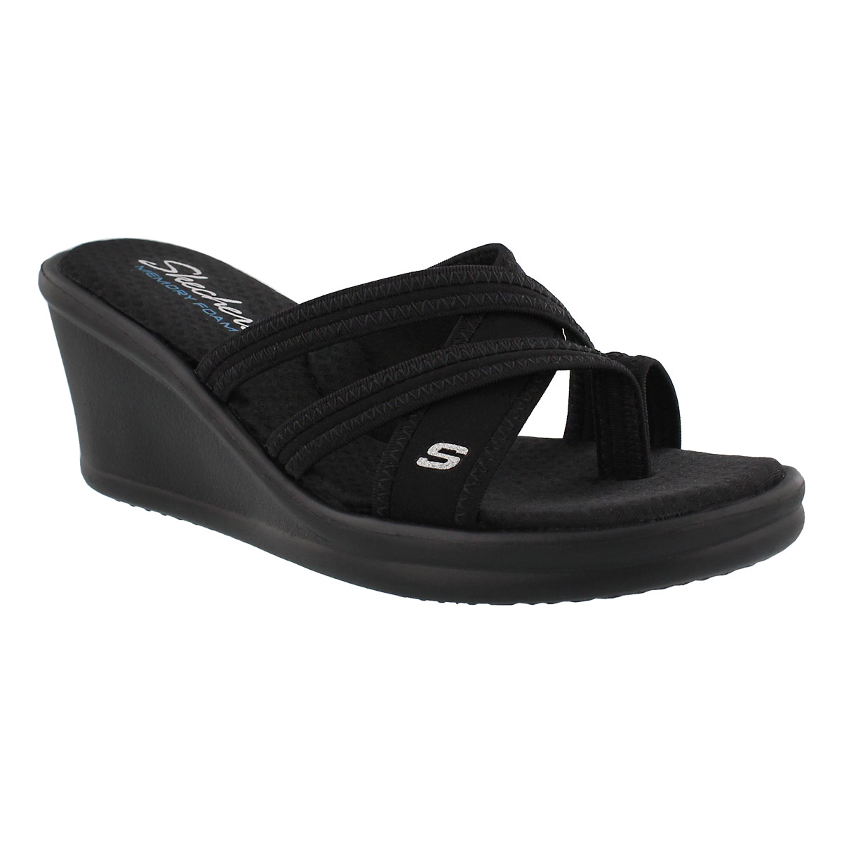 Women's RUMBLERS black toe loop wedge sandals