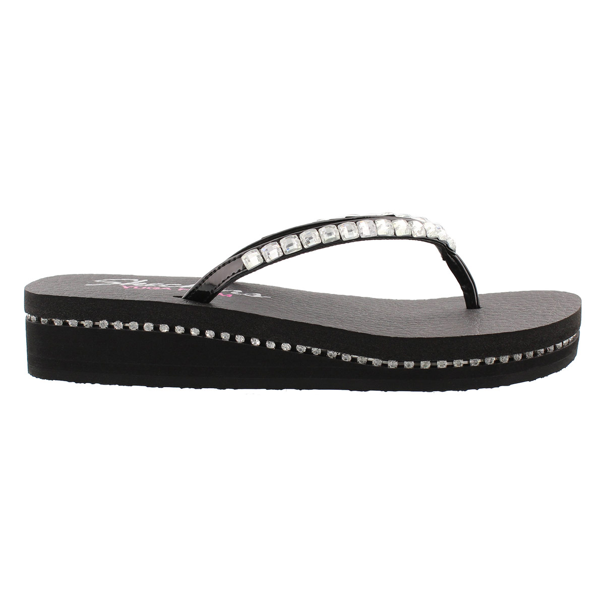 Lds Vinyasa blk pat/slvr wedge flip flop