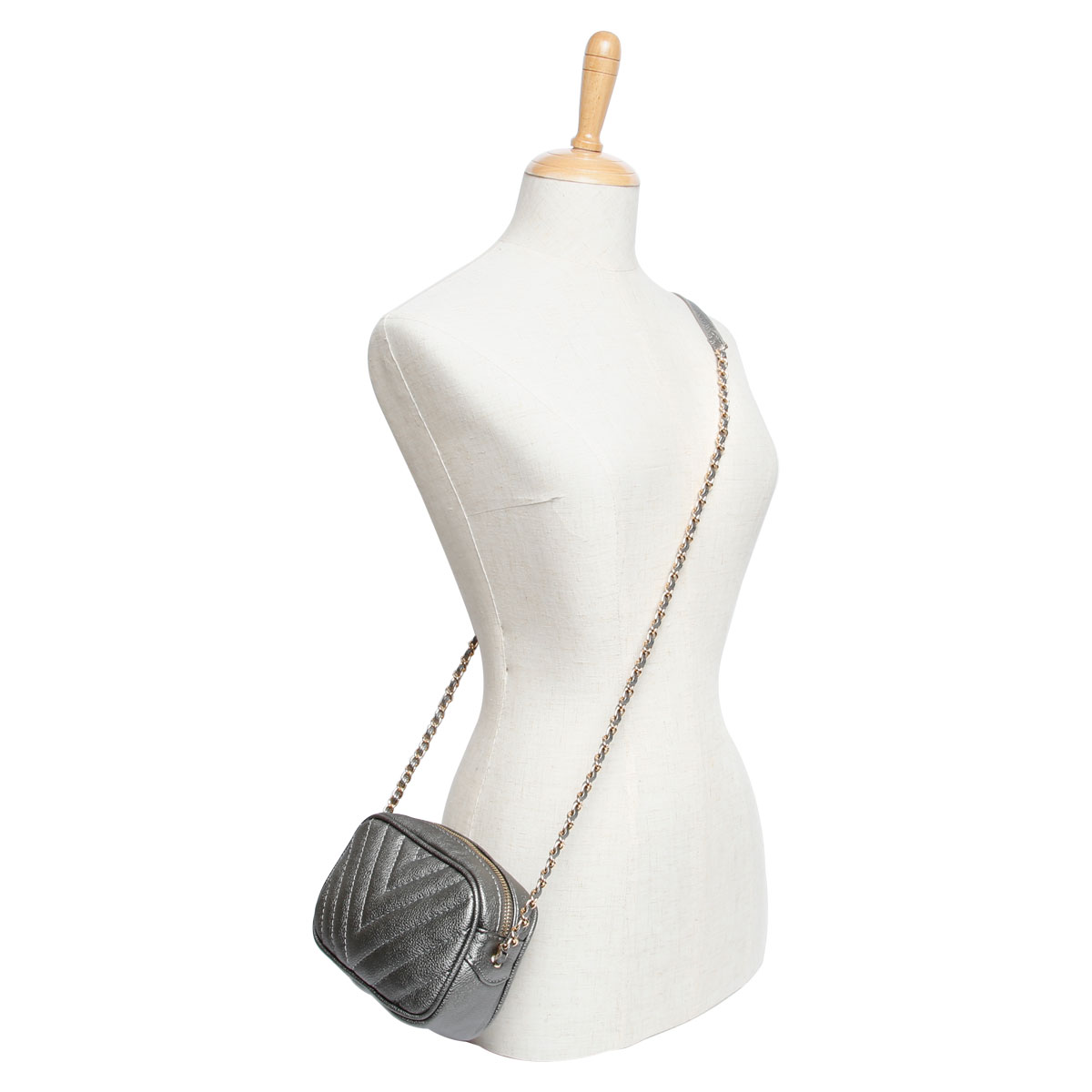 Lds pewter quilted mini cross body bag