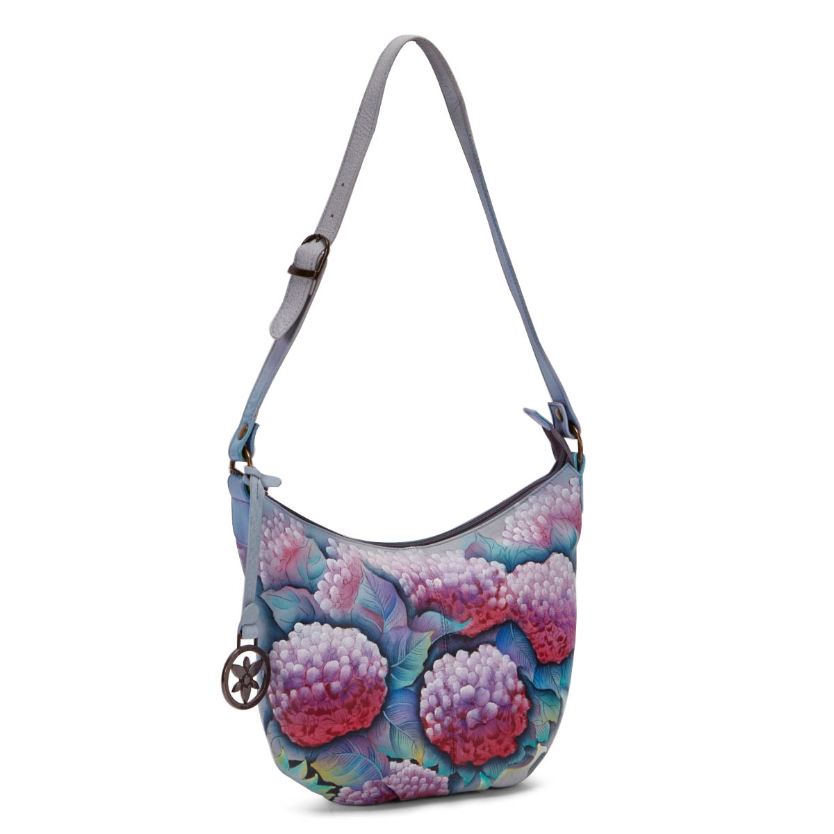 Paintd lthr Hypnotic Hydrangeas hobo bag
