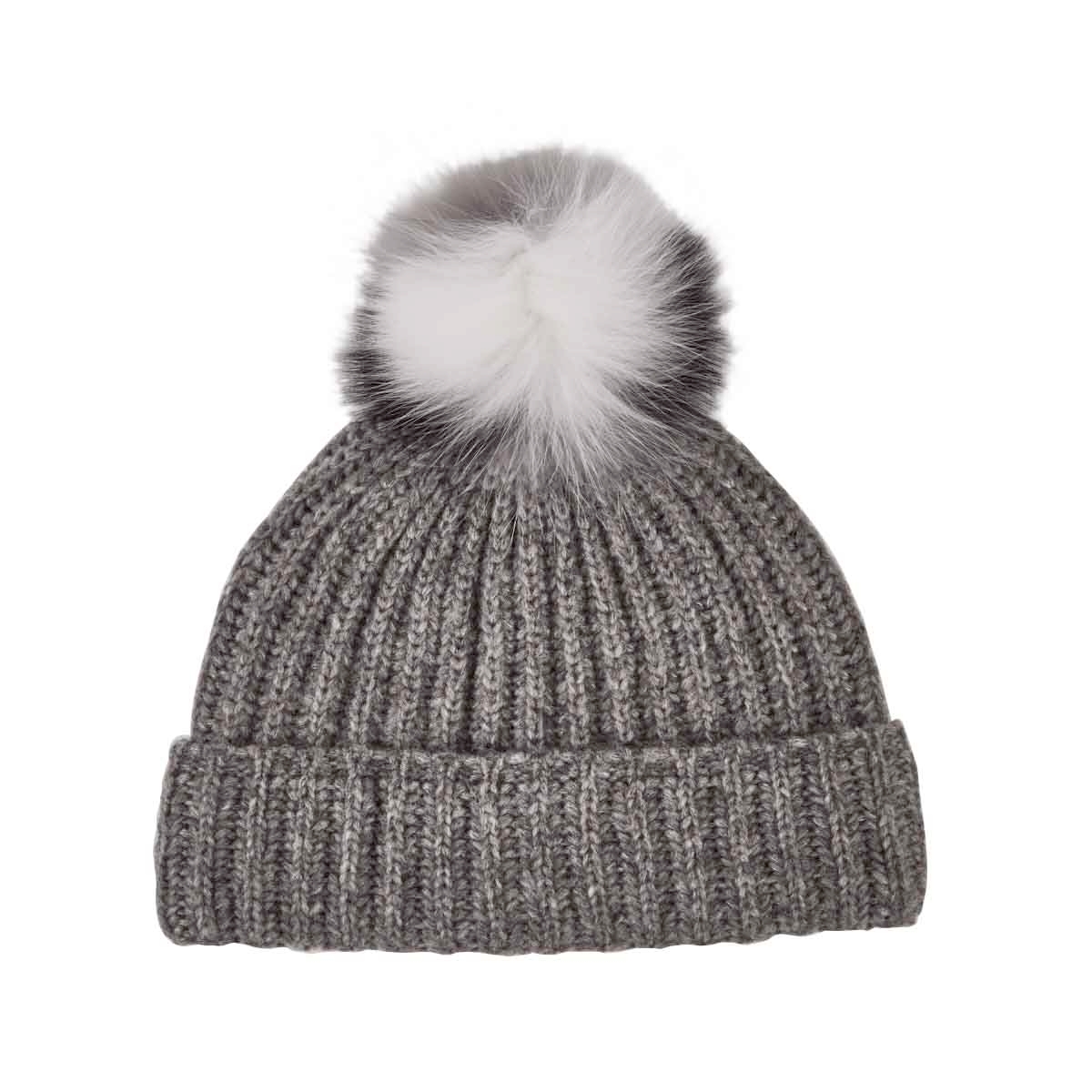 Lds Multi Fur Pom grey melange toque