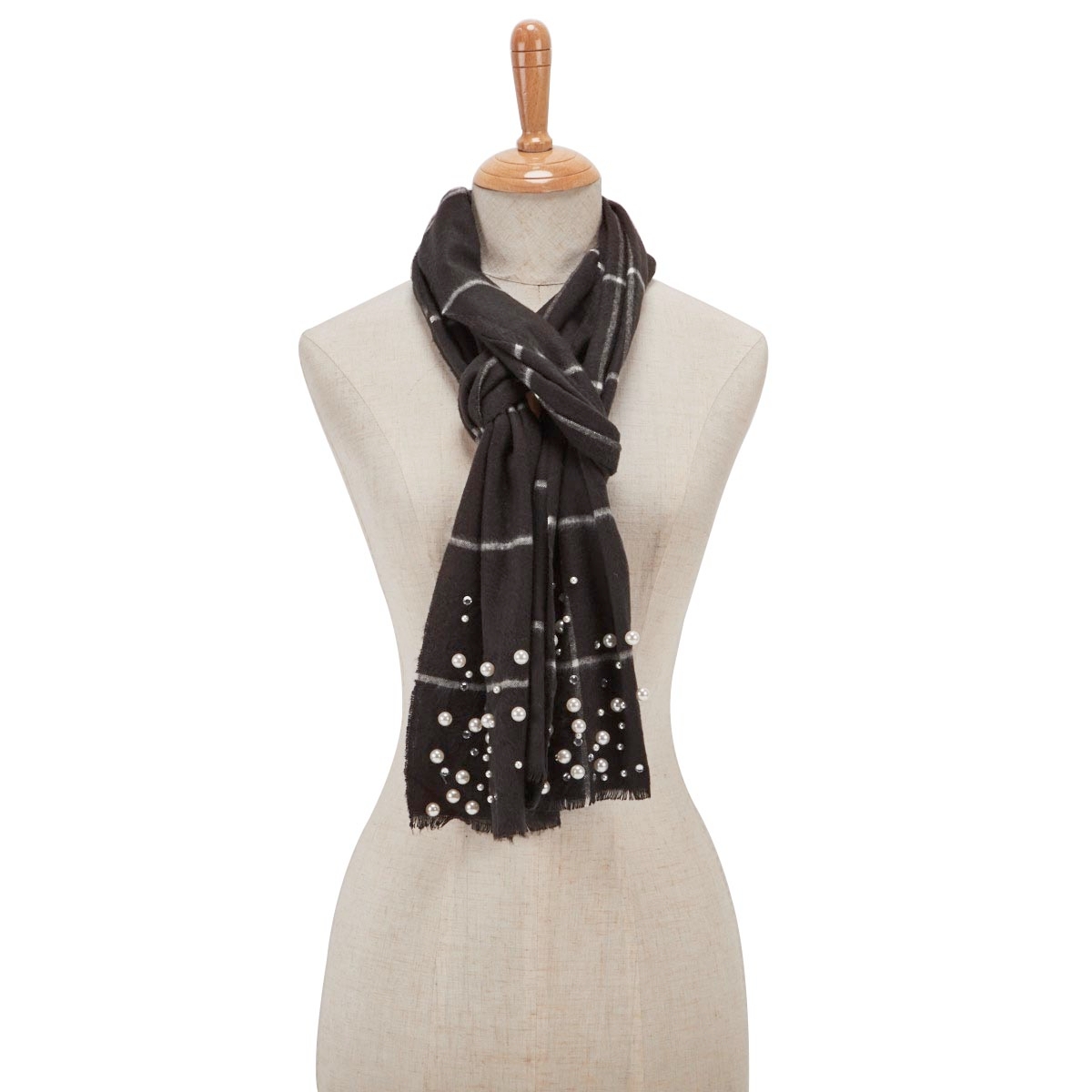 Lds Grid Plaid w/ Pearls black scarf
