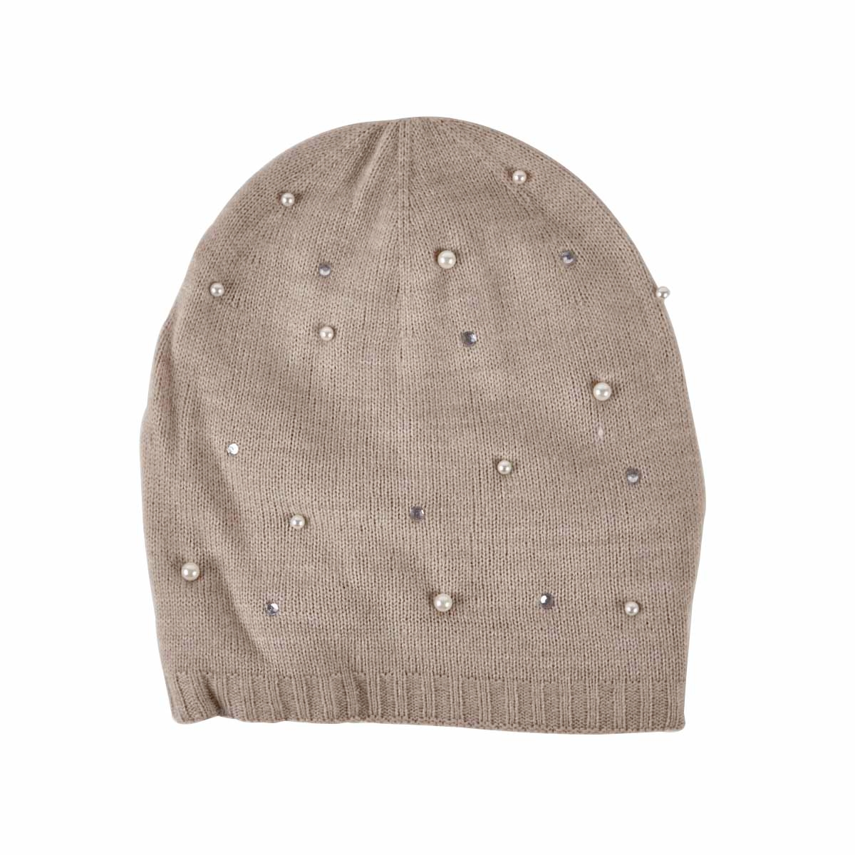 Tuque Embellished Hat w Pearls,beige,fem
