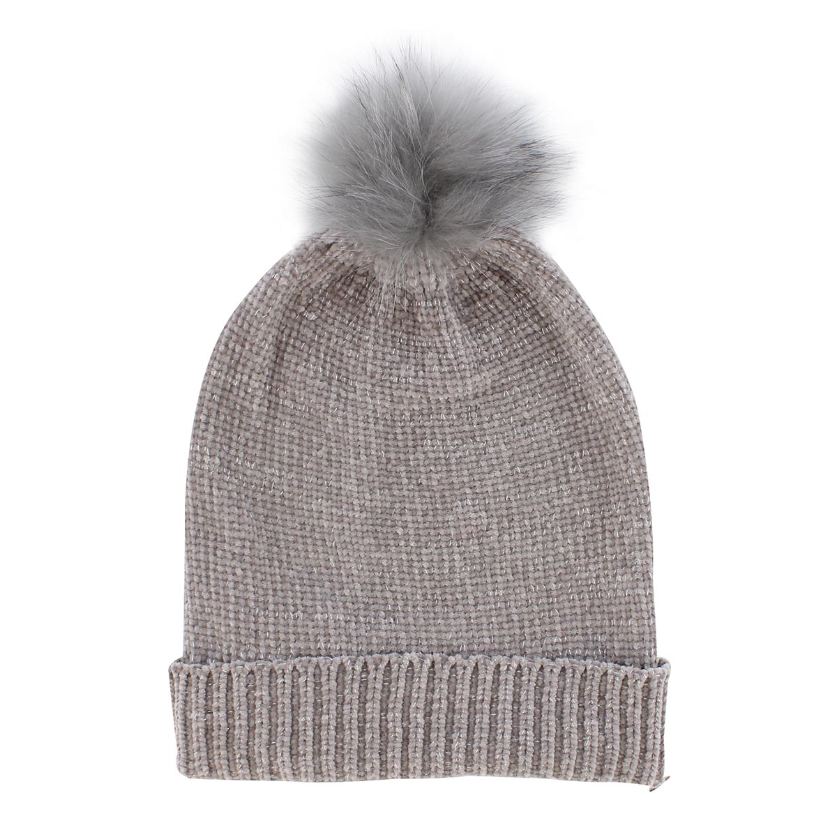 Lds Chenille Metallic Fur Pom lt gry hat