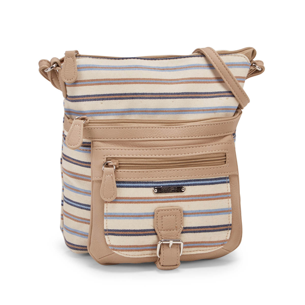 Lds classic blu/tpe stripe crossbody bag