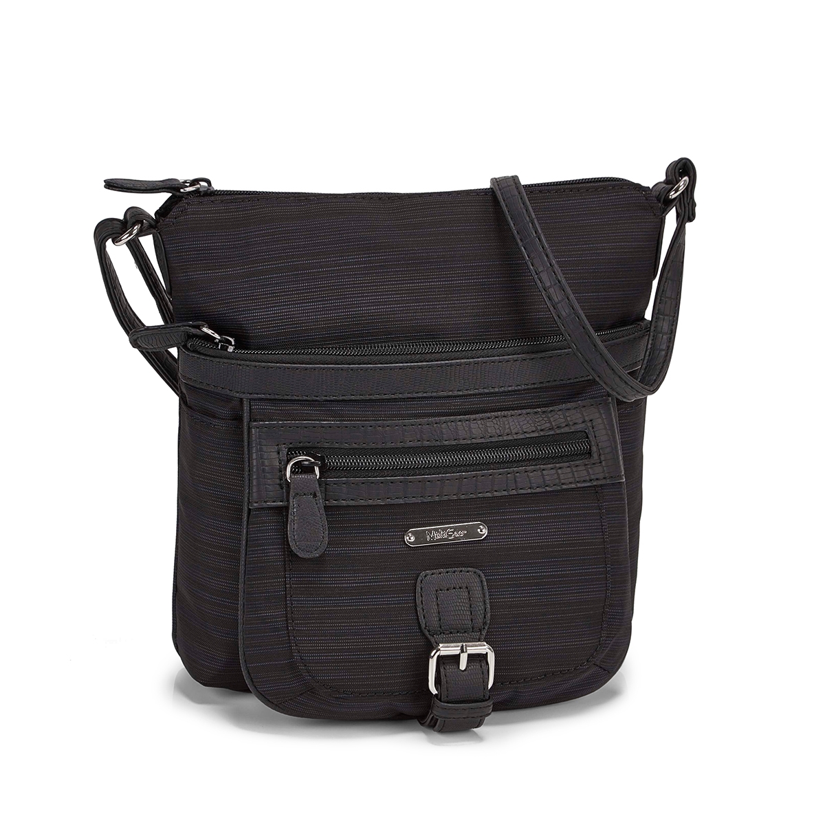 Lds black/black top zip crossbody bag