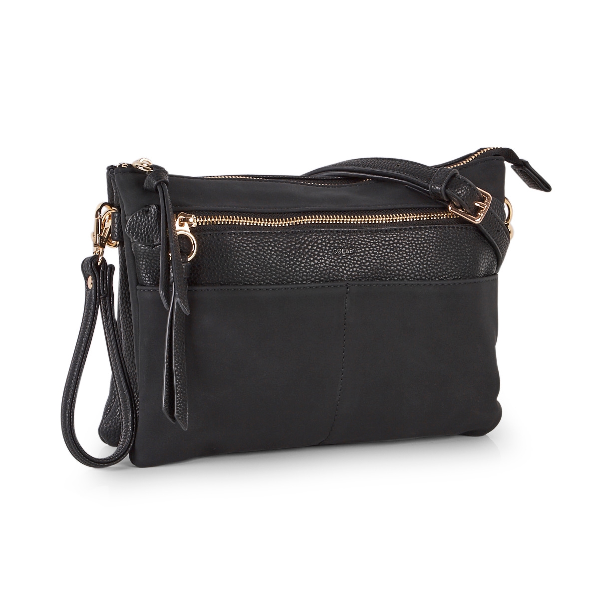 Lds blk cross body wristlet clutch