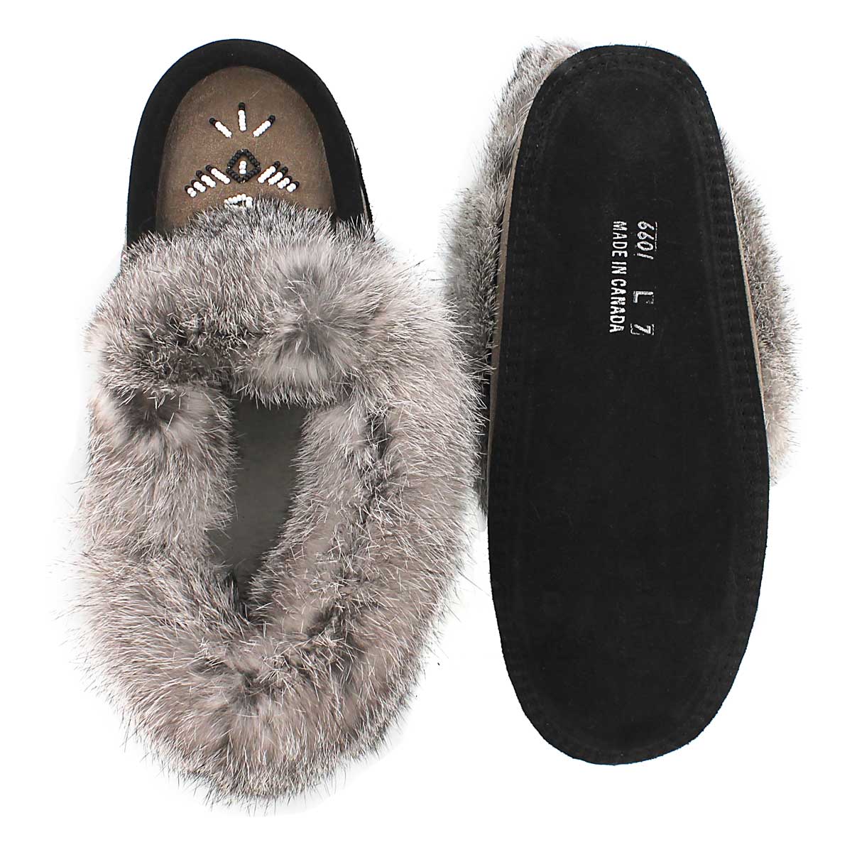 Lds grey rabbit fur moccasin