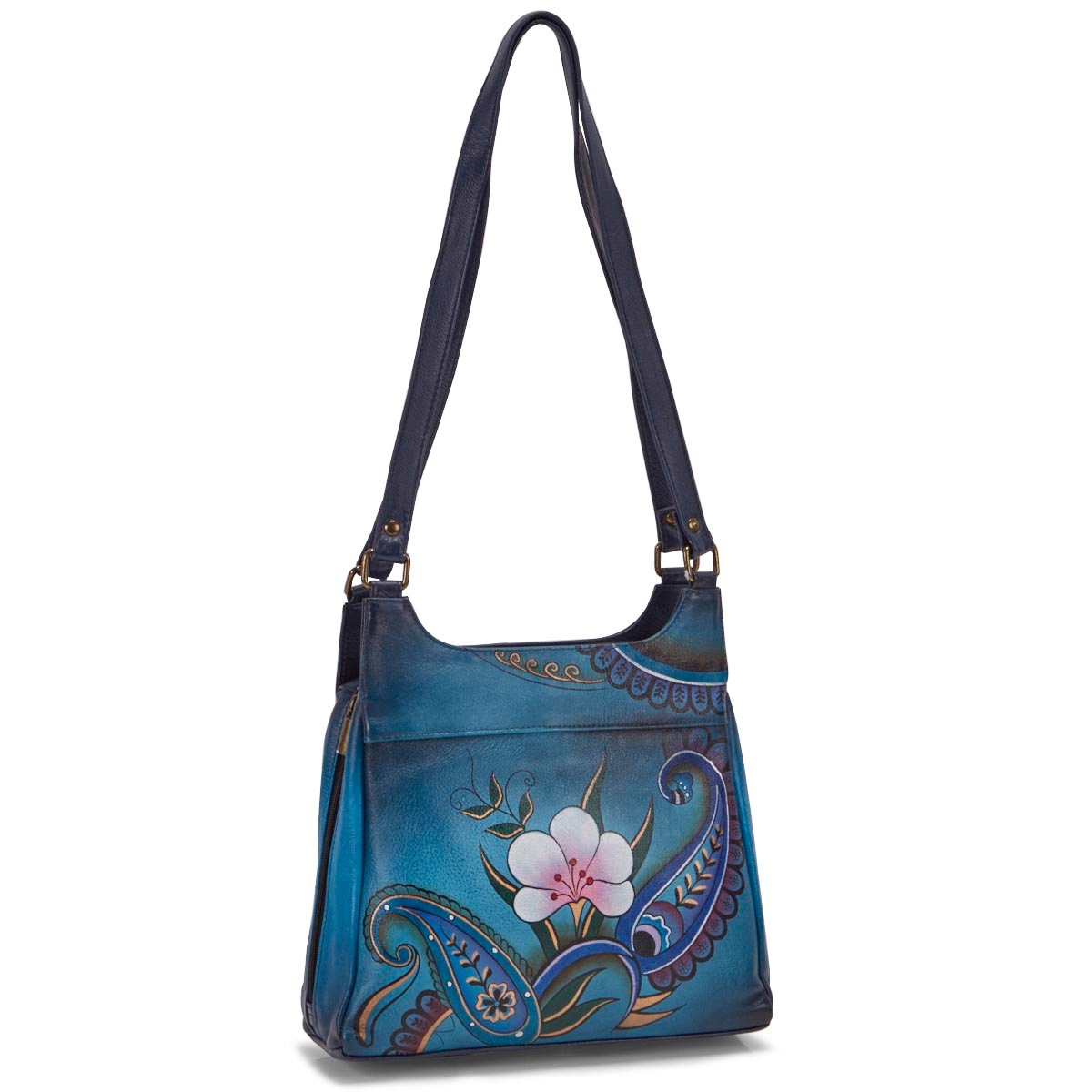 Painted lthr Denim Paisley Floral satchl