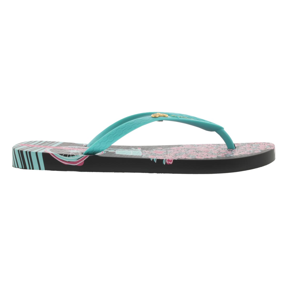 Lds Bouquet blk/grn/pk printed flip flop