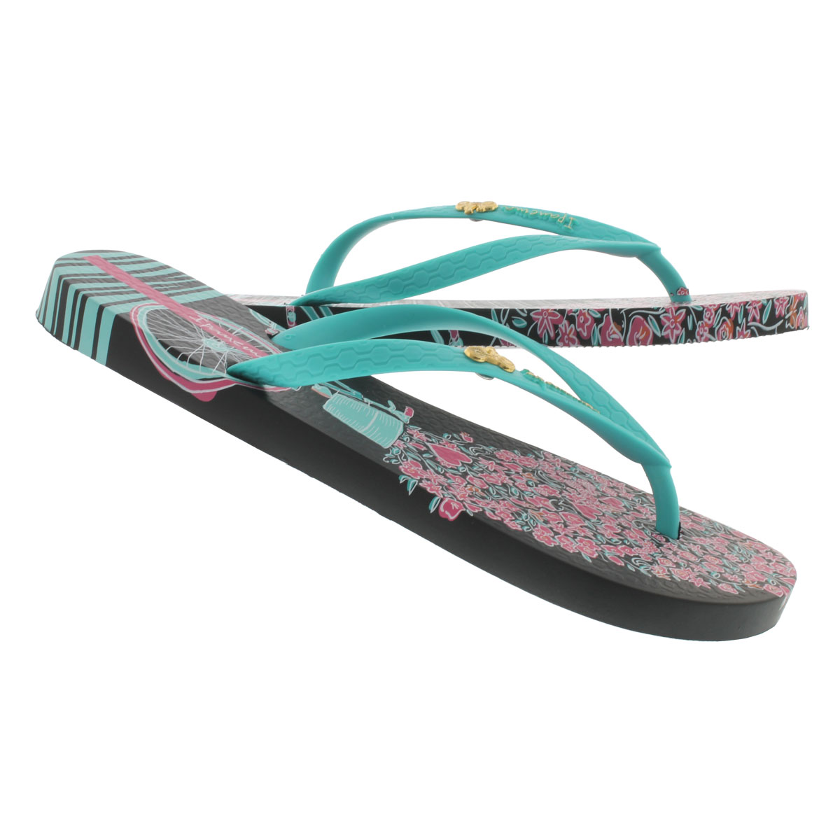 Lds Bouquet blk/grn/pk printed flip flop