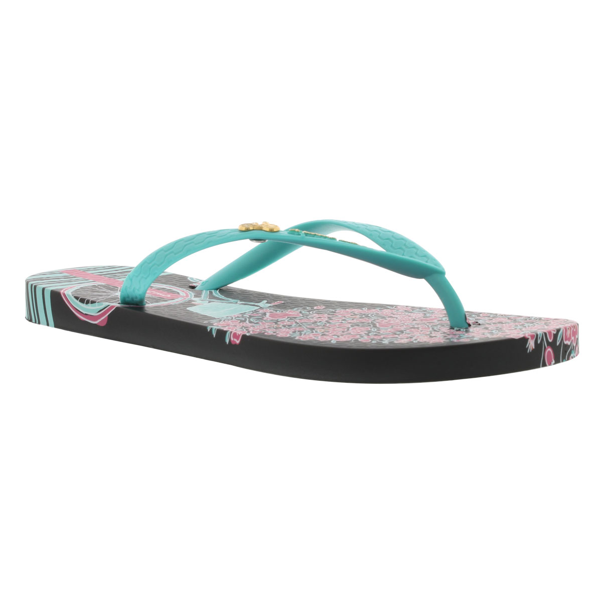 Lds Bouquet blk/grn/pk printed flip flop