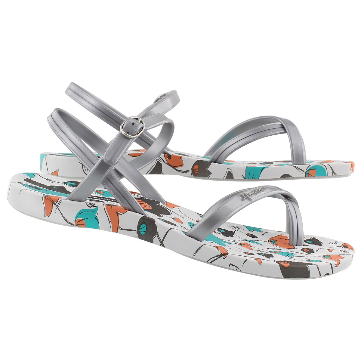 Lds Sand wht printed toe loop flip flop