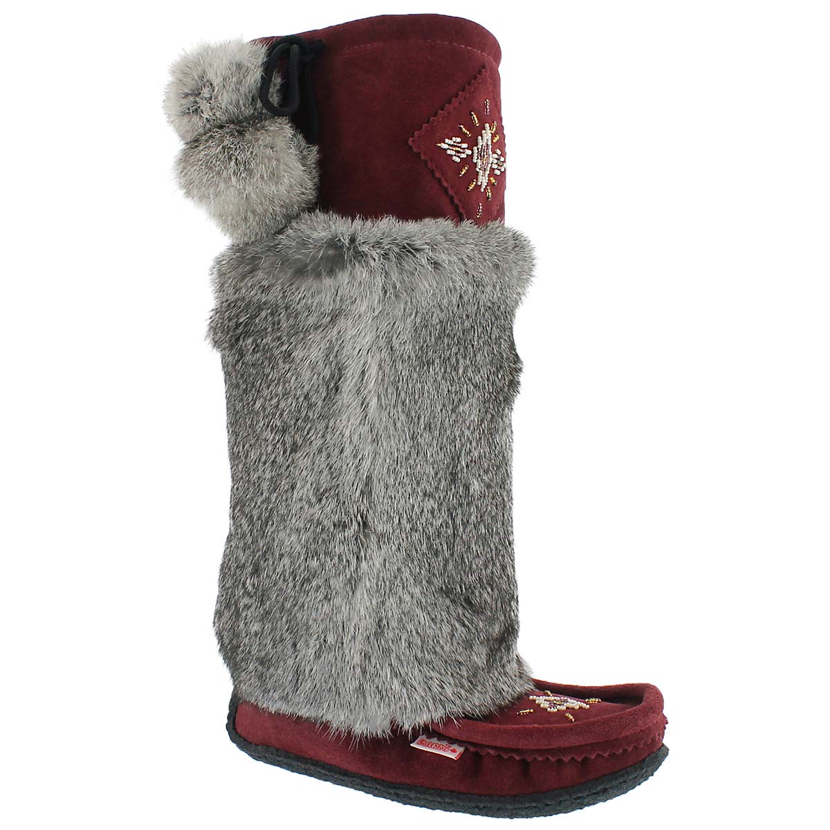 Women's burgundy/grey rabbit fur 16" mukluks