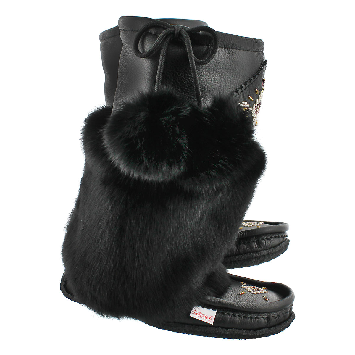 Lds black lthr rabbit fur mukluk
