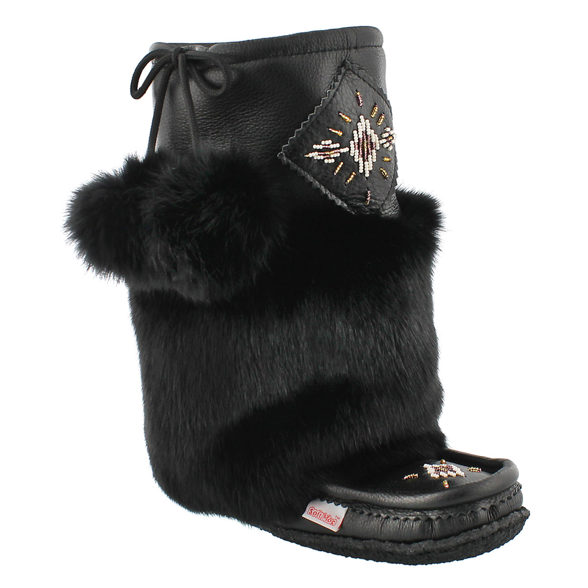 Women's 986447 black leather rabbit fur mukluks