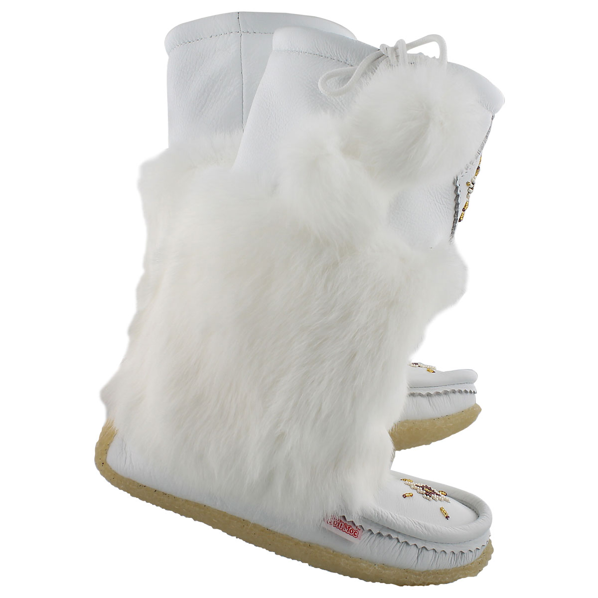 Lds white lthr rabbit fur mukluk