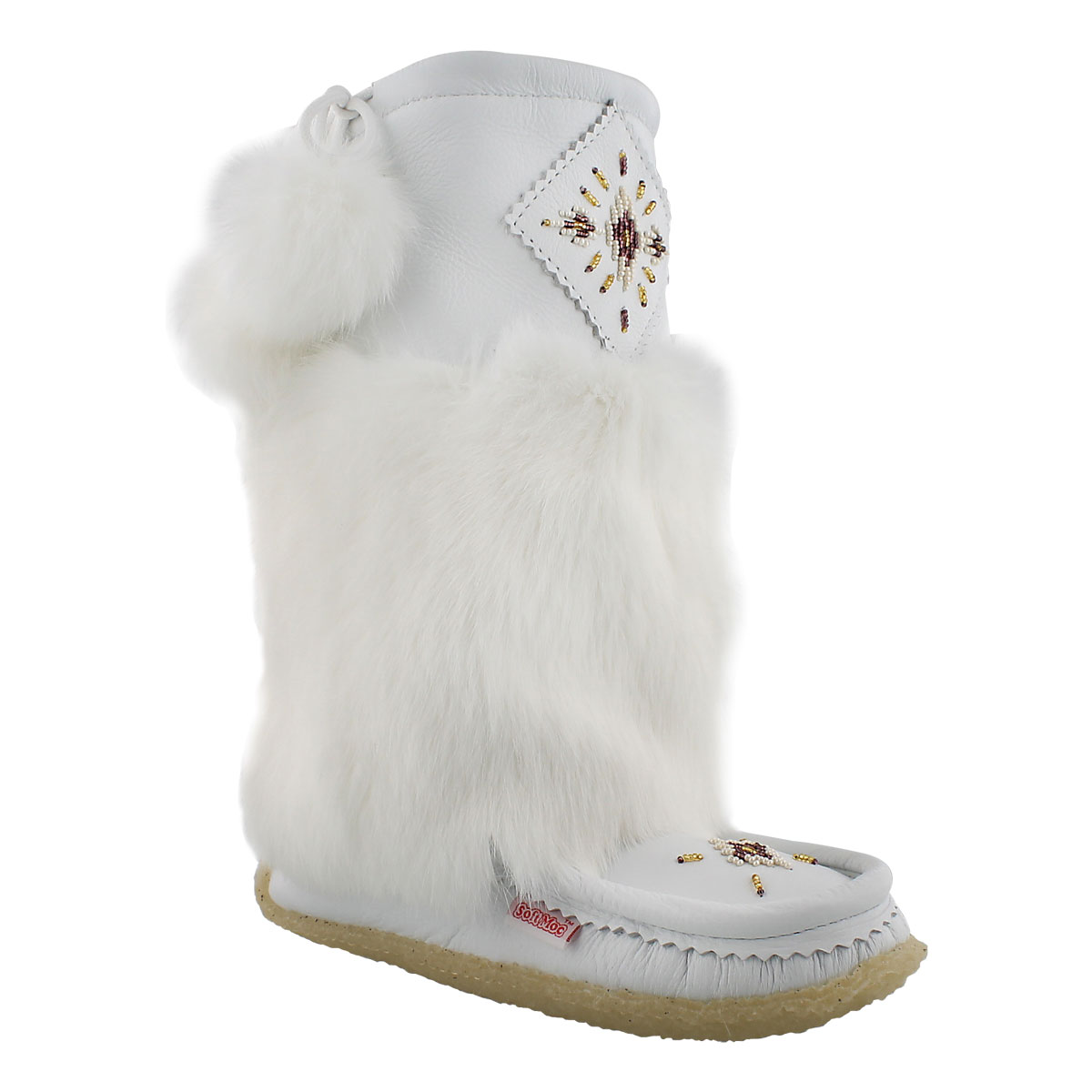 Lds white lthr rabbit fur mukluk