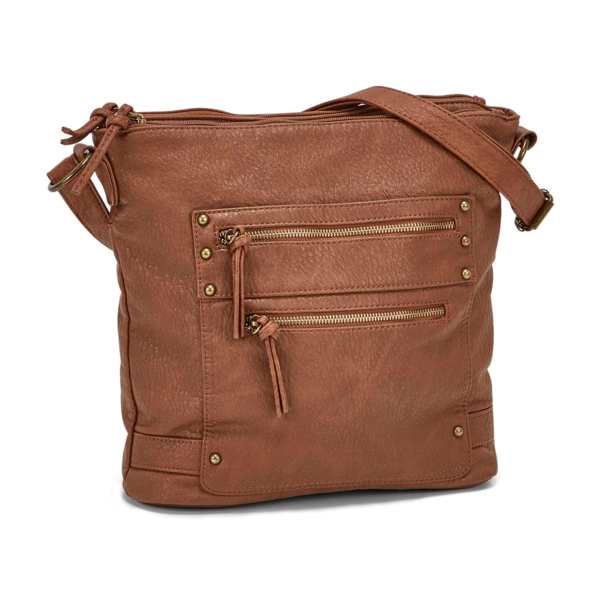 Lds tan double side zip crossbody bag