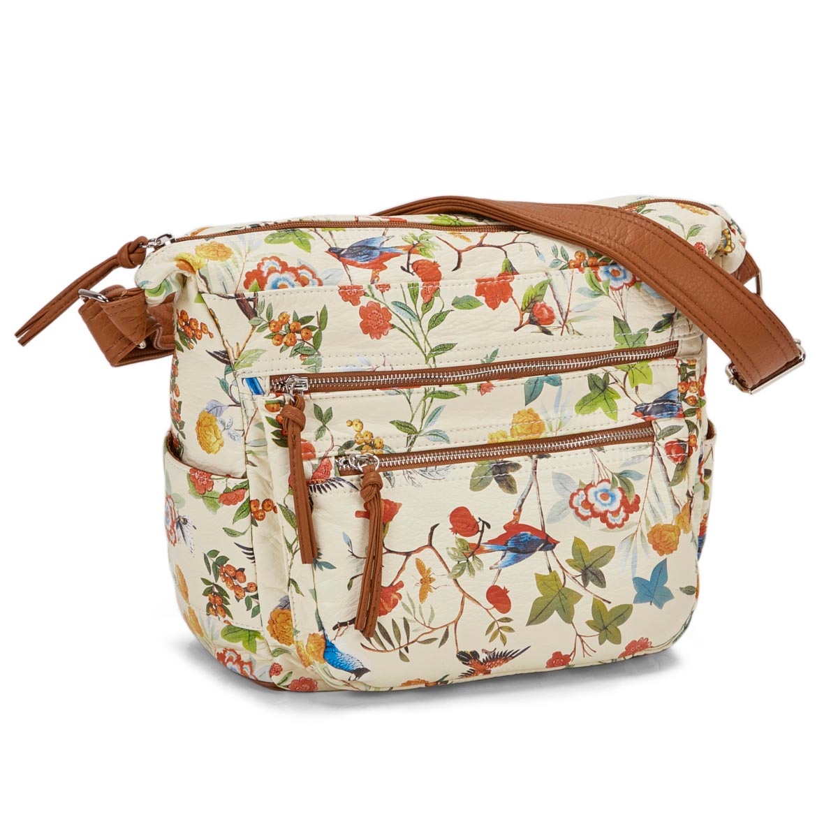 Lds cream bird flower cmptmnt crossbody