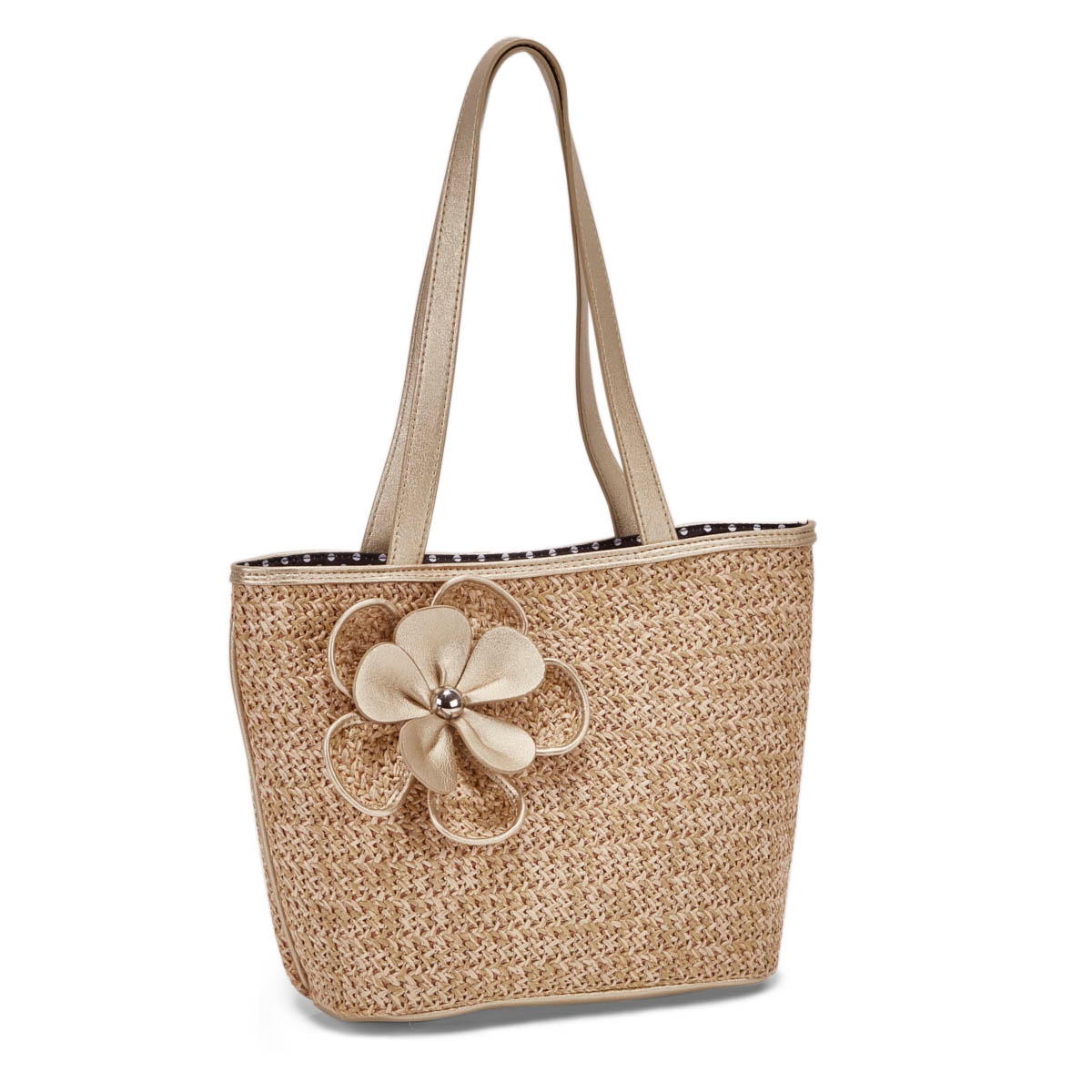 Lds natural/gold flower detail tote bag
