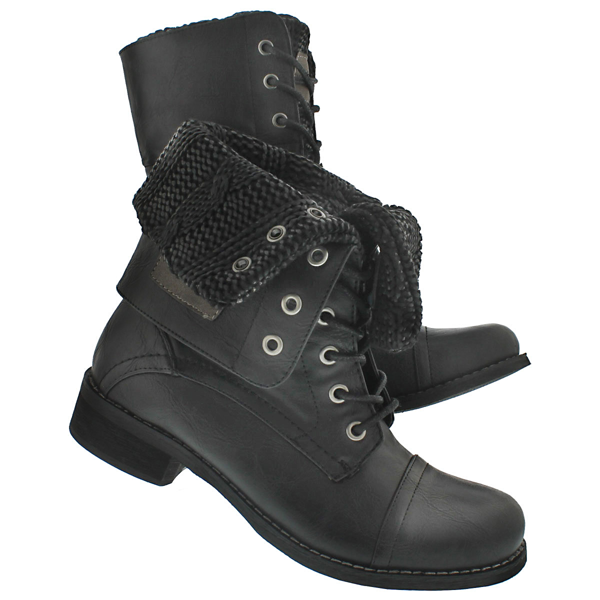 Lds Bev blk lace up fold dwn combat boot