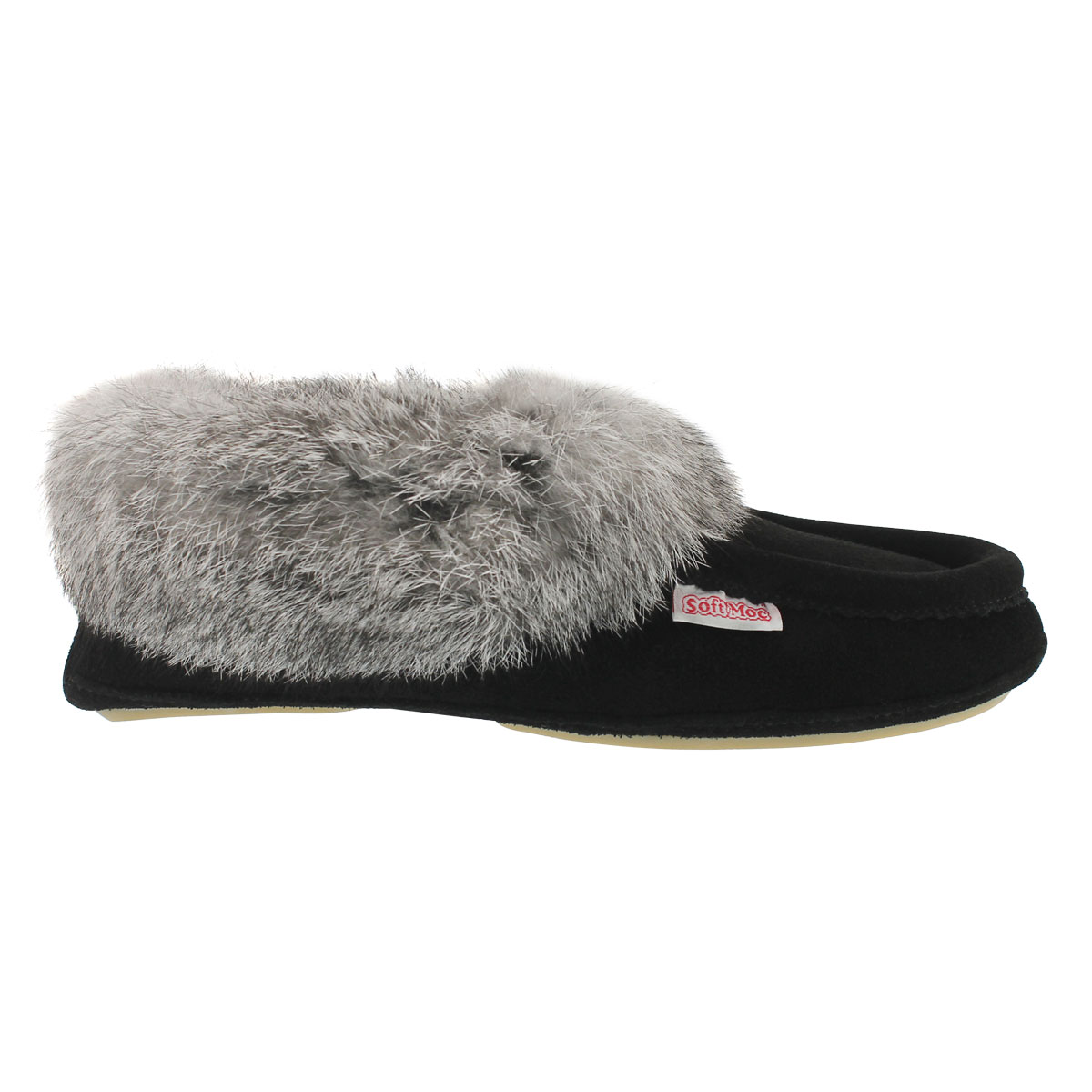 Lds Carrot2 blk sde rabbit fur moccasin