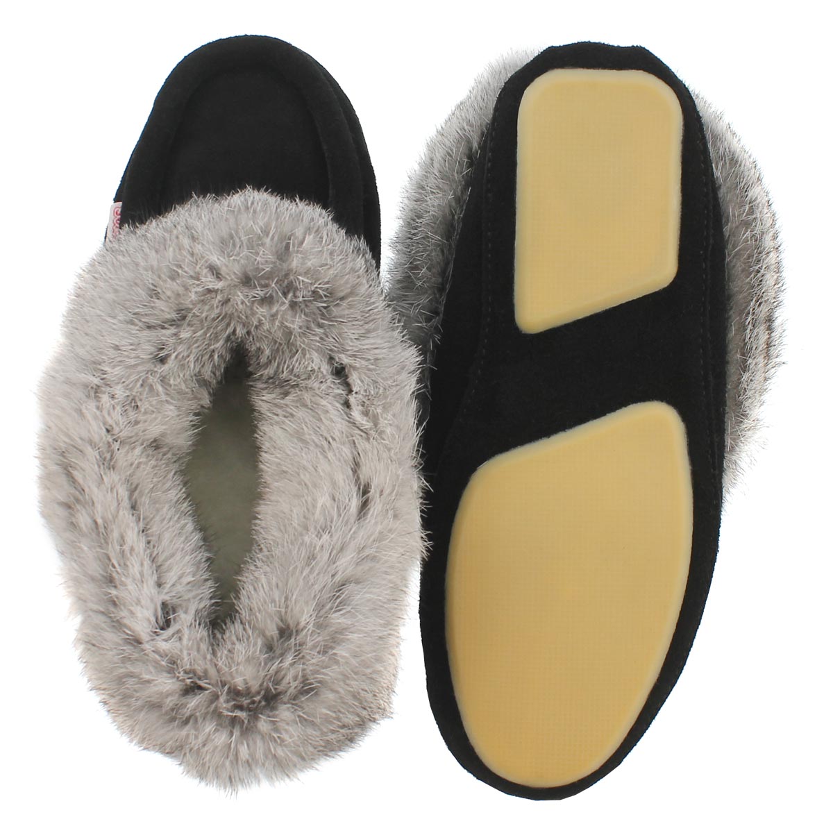 Lds Carrot2 blk sde rabbit fur moccasin