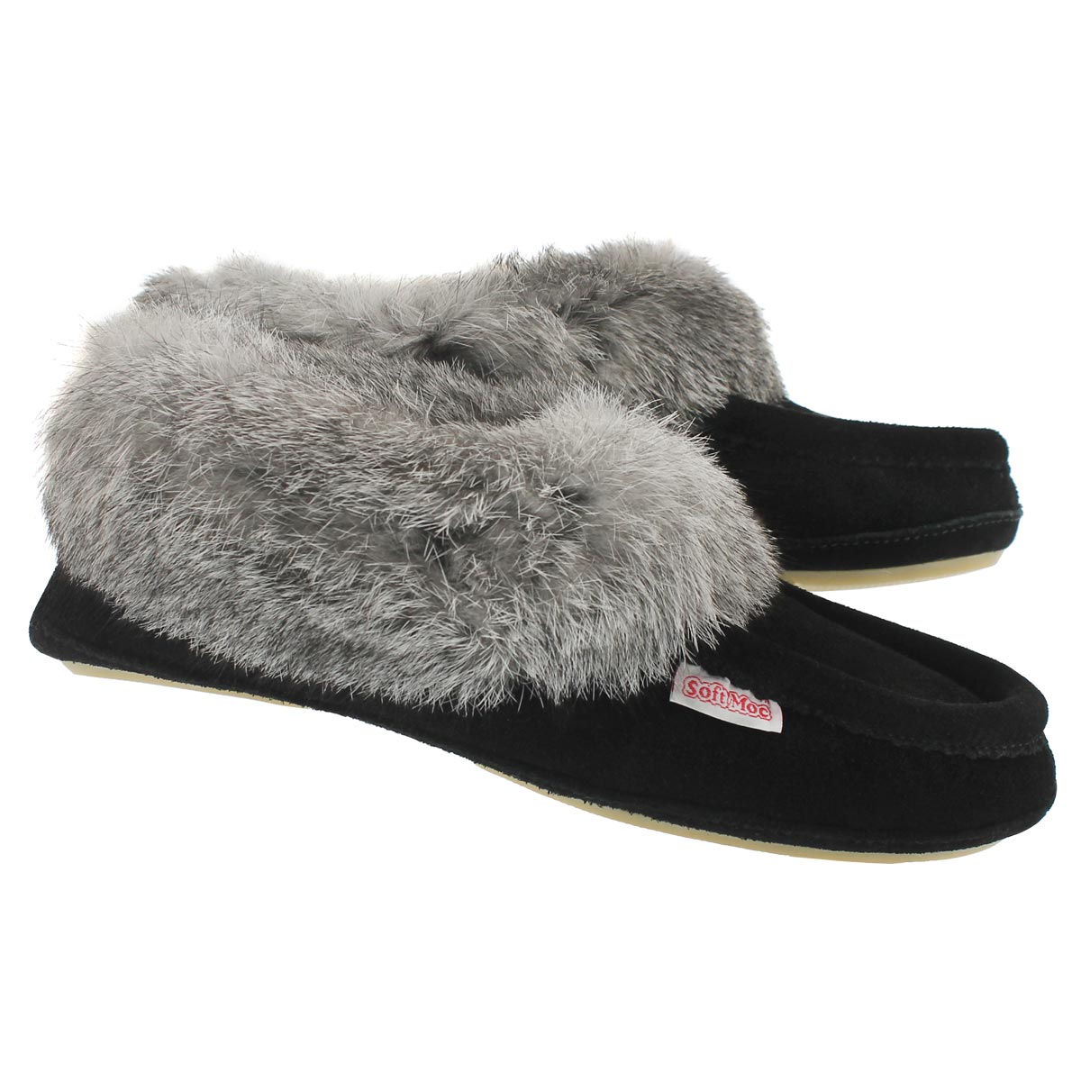 Lds Carrot2 blk sde rabbit fur moccasin