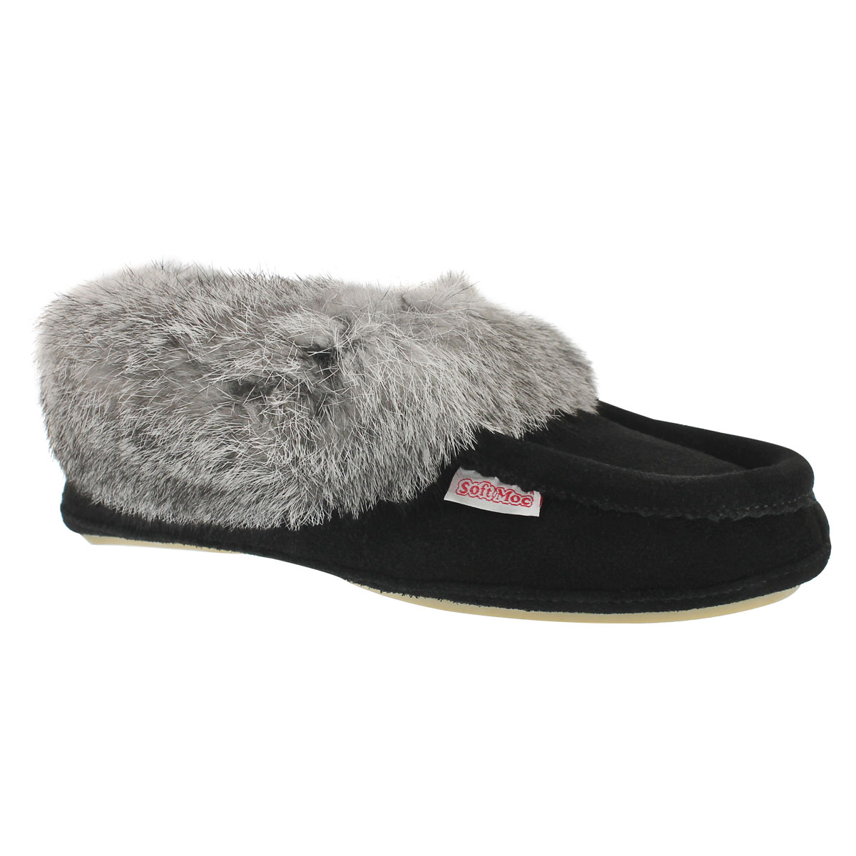 Lds Carrot2 blk sde rabbit fur moccasin