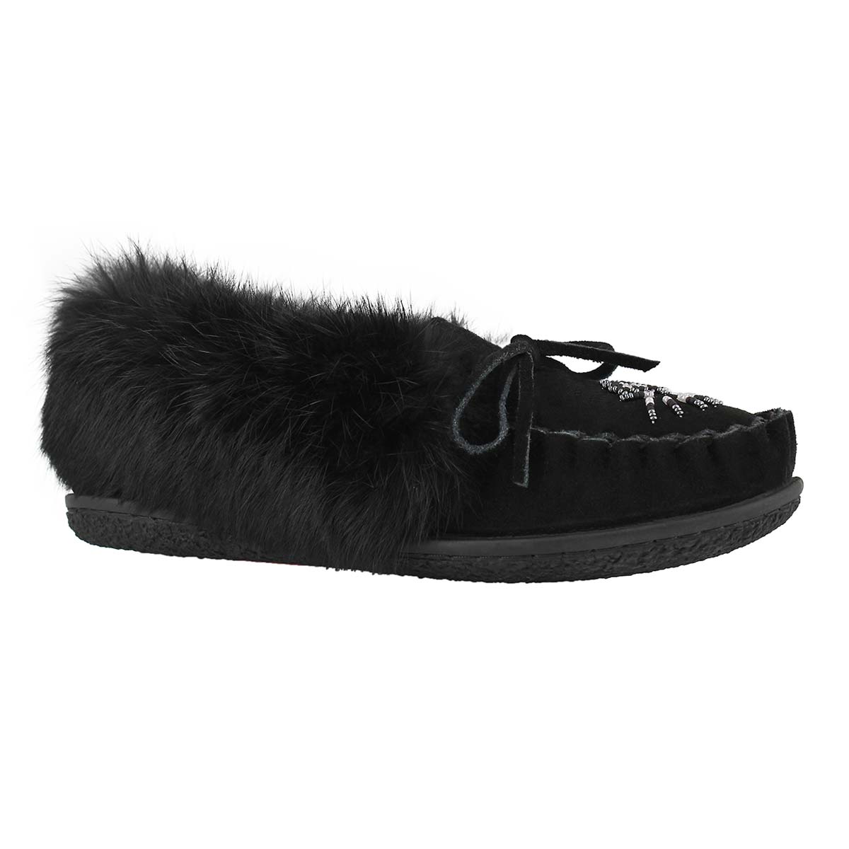 Lds Cherry blk rabbit fur moccasin