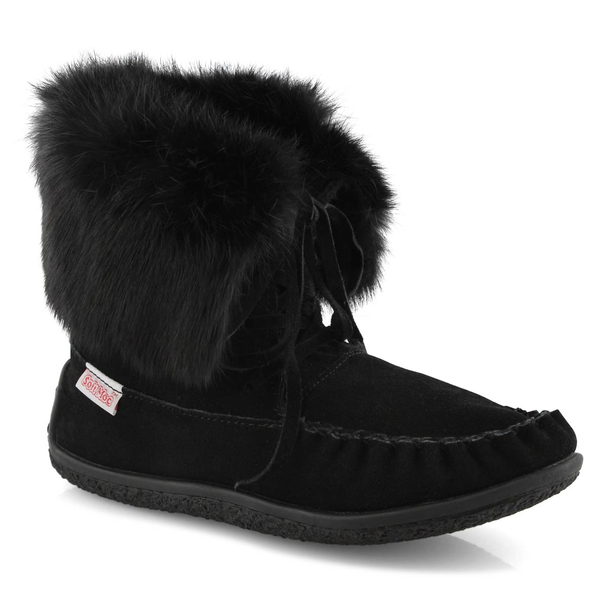 Lds Crissa blk rabbit fur ankle moccasin