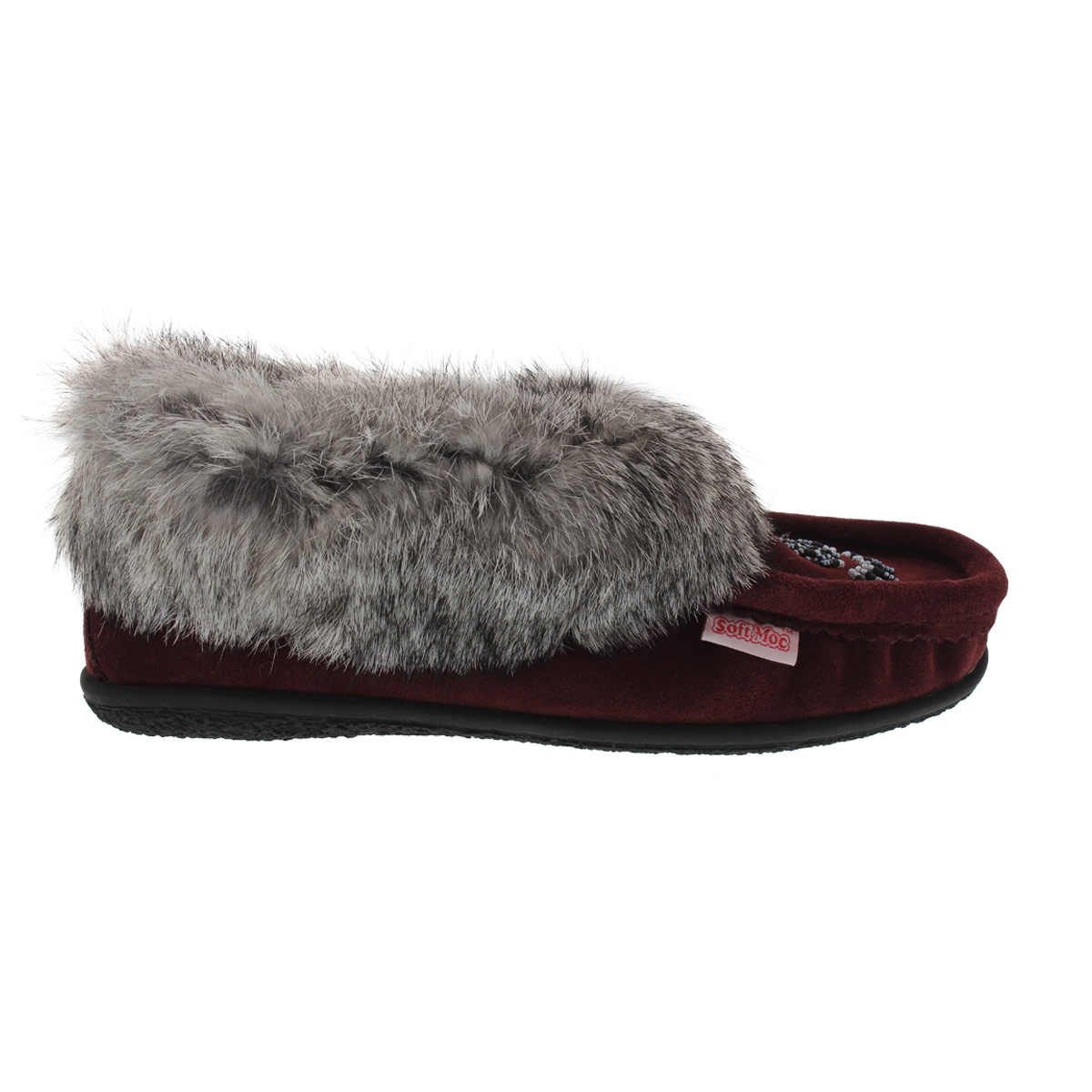 Lds Cute 3 burgundy rabbit fur moccasin