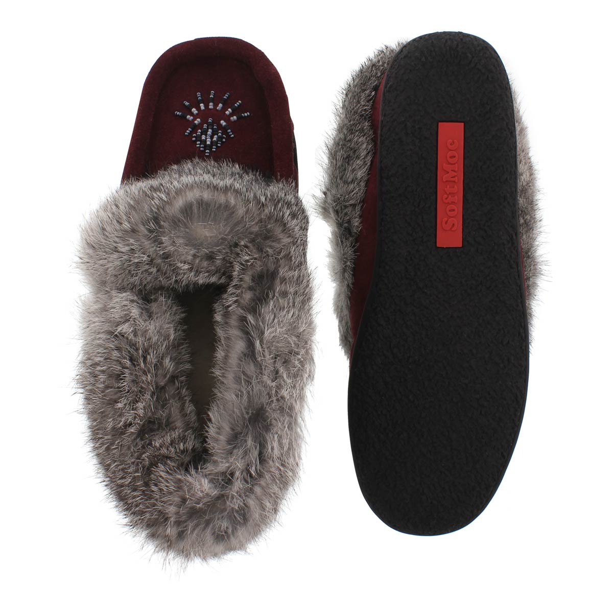 Lds Cute 3 burgundy rabbit fur moccasin