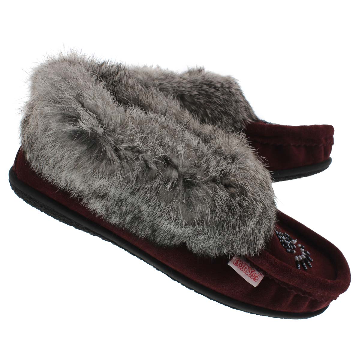 Lds Cute 3 burgundy rabbit fur moccasin