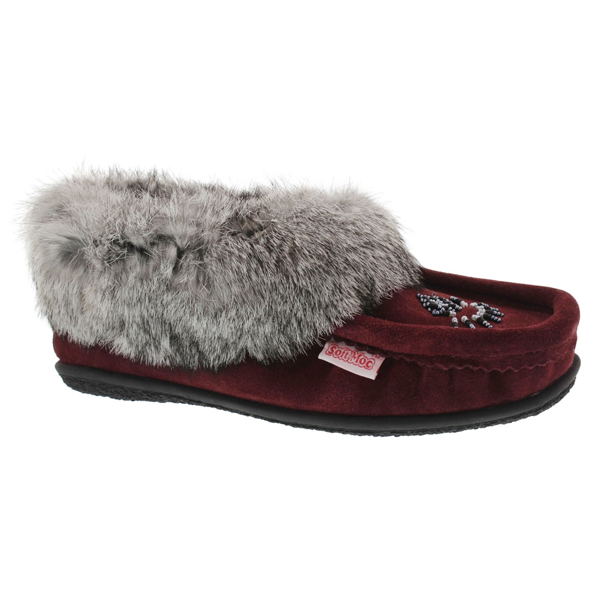 Lds Cute 3 burgundy rabbit fur moccasin
