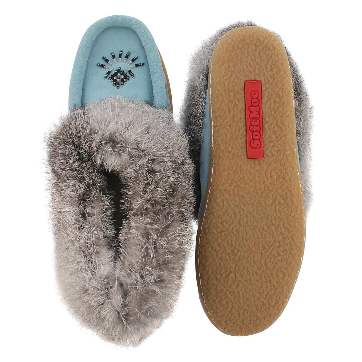 Lds Cute 3 light blu rabbit fur moccasin
