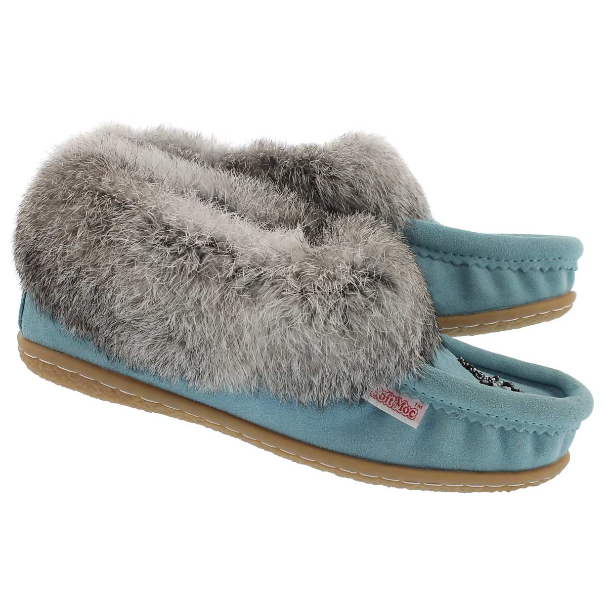 Lds Cute 3 light blu rabbit fur moccasin