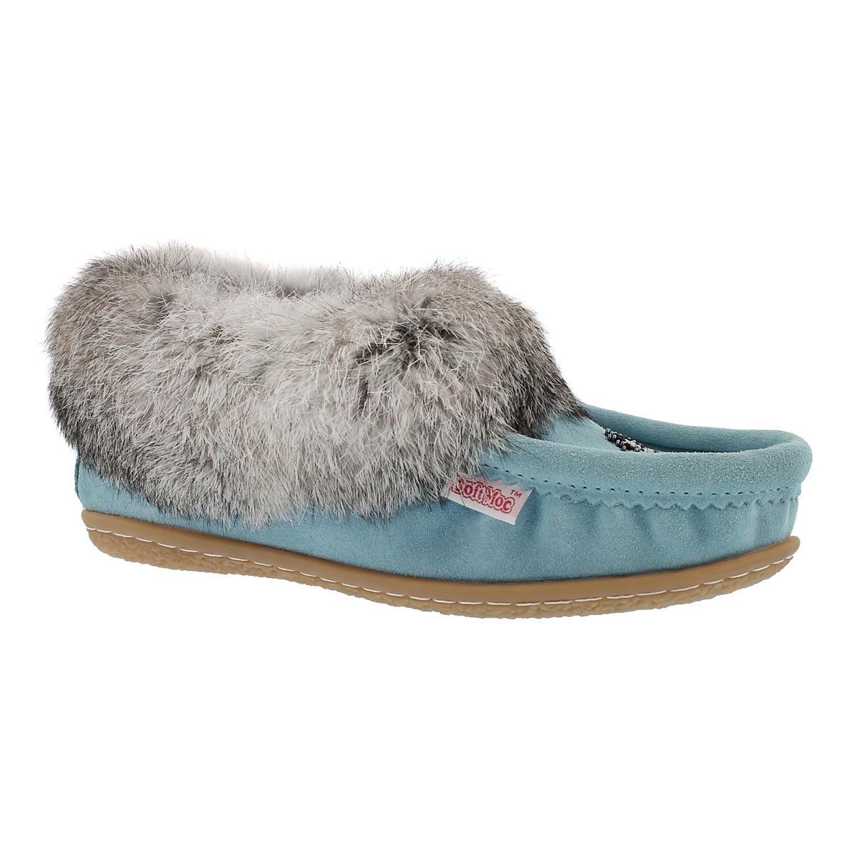 Lds Cute 3 light blu rabbit fur moccasin