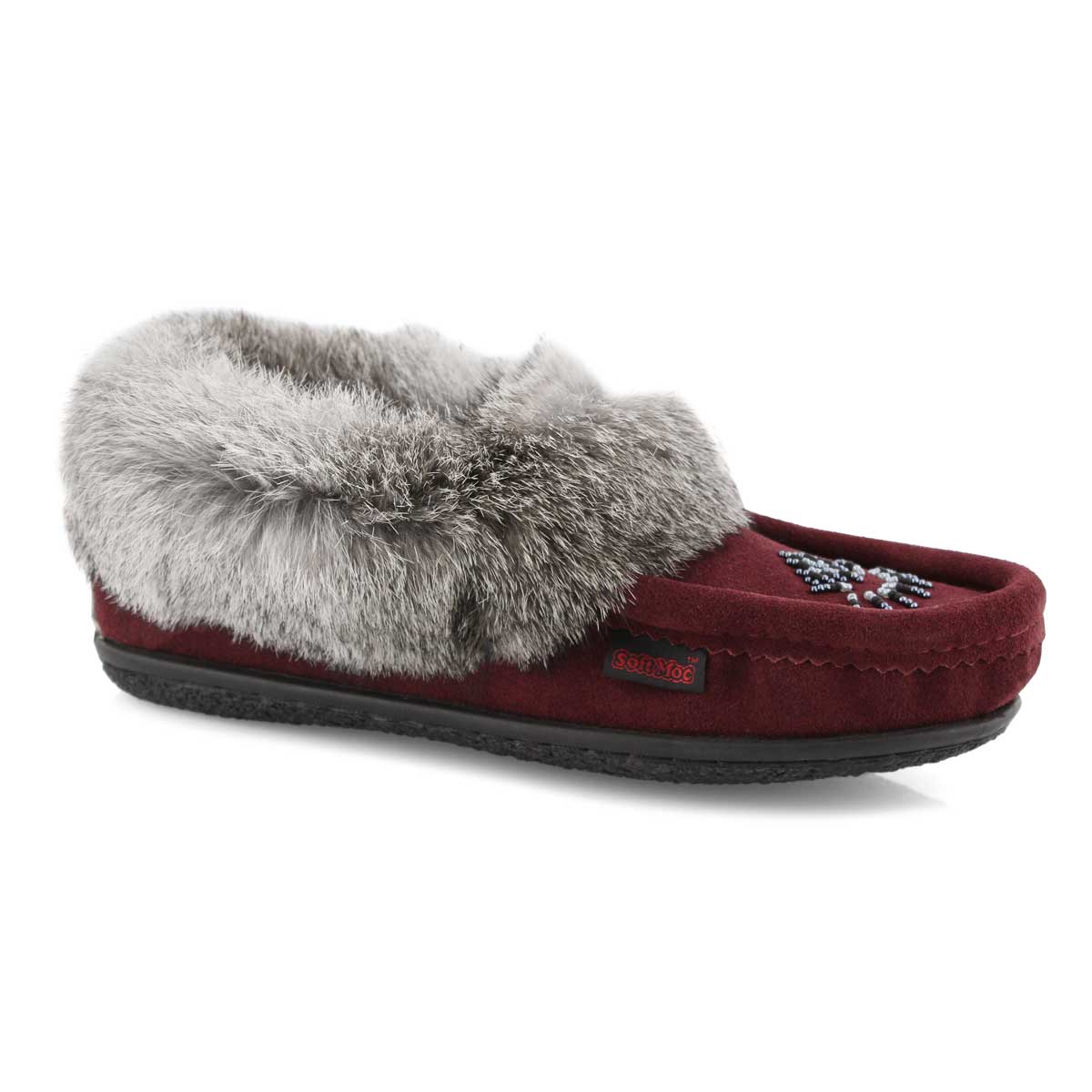 Lds Cute 4 burgundy rabbit fur moccasin